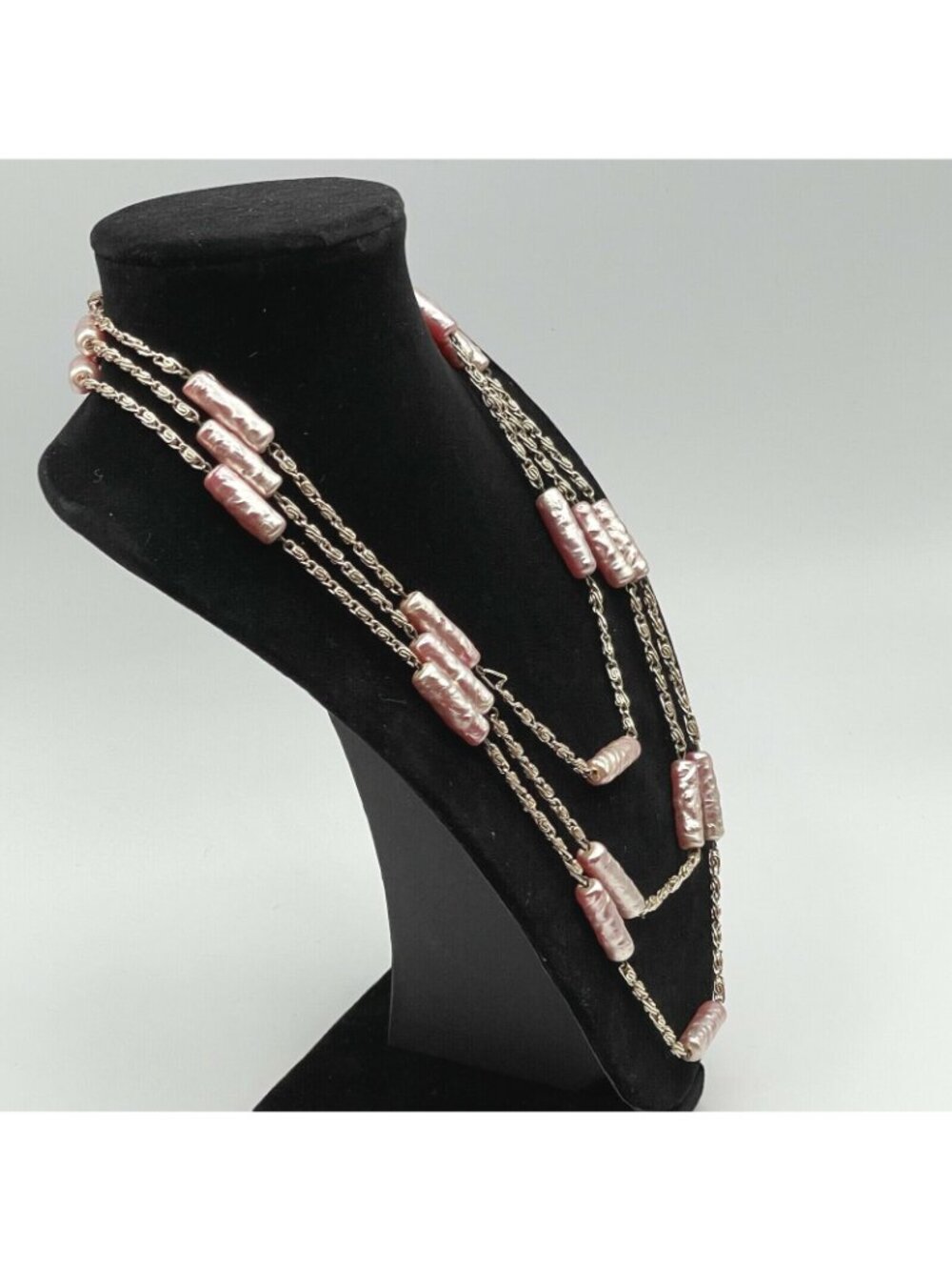 Opera Length Necklace Vintage Pearlescent Pink Bead Station 30" Drop + Earrings - Picture 6 of 9